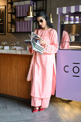 Model wearing BEBANO’s Gulaabi Dastaan — a pink Chikan Kari 3-piece outfit from the Gulzar Collection.